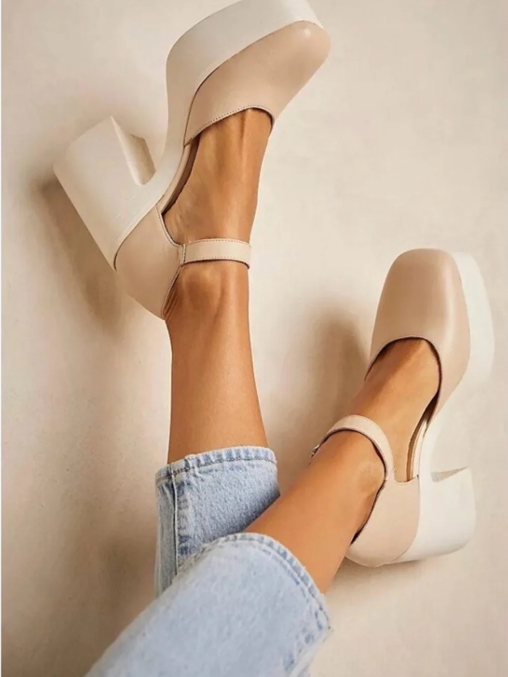 Free People Gwen Leather Mary Jane Platform Heels Moonlight White Sz 7
